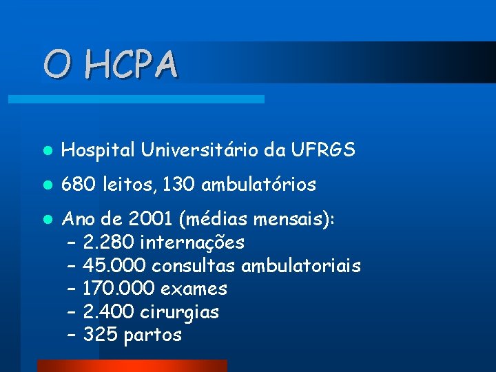 O HCPA l Hospital Universitário da UFRGS l 680 leitos, 130 ambulatórios l Ano