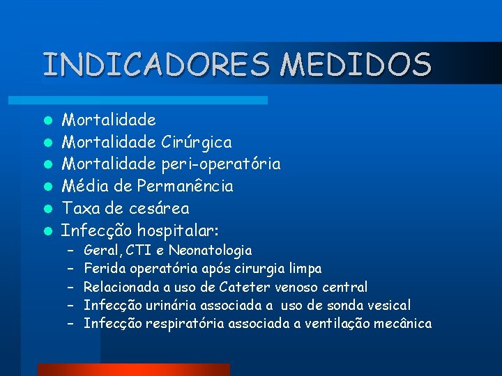 INDICADORES MEDIDOS l l l Mortalidade Cirúrgica Mortalidade peri-operatória Média de Permanência Taxa de