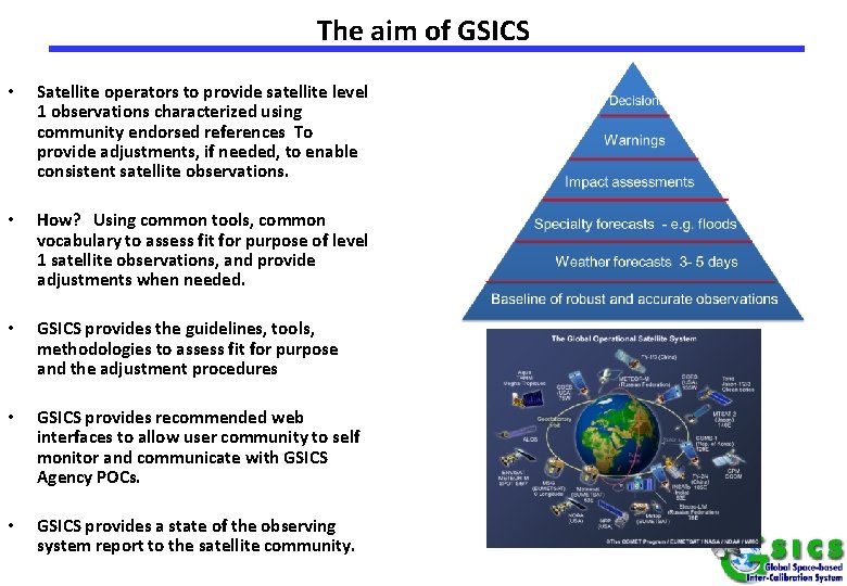 The aim of GSICS • Satellite operators to provide satellite level 1 observations characterized