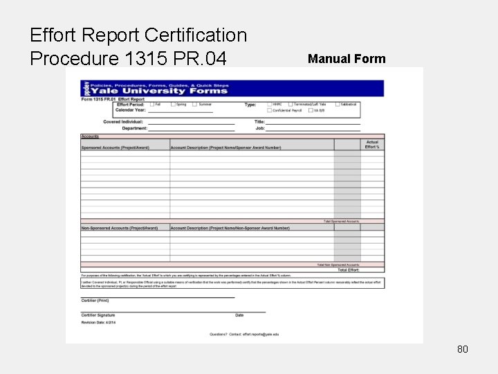 Effort Report Certification Procedure 1315 PR. 04 Manual Form 80 