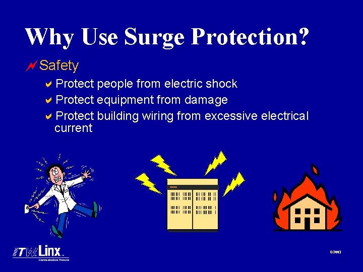 Why Use Surge Protection? ~Safety a. Protect people from electric shock a. Protect equipment