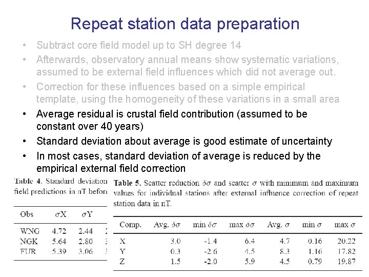 Repeat station data preparation • Subtract core field model up to SH degree 14