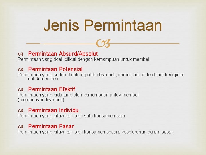 Jenis Permintaan Absurd/Absolut Permintaan yang tidak diikuti dengan kemampuan untuk membeli Permintaan Potensial Permintaan