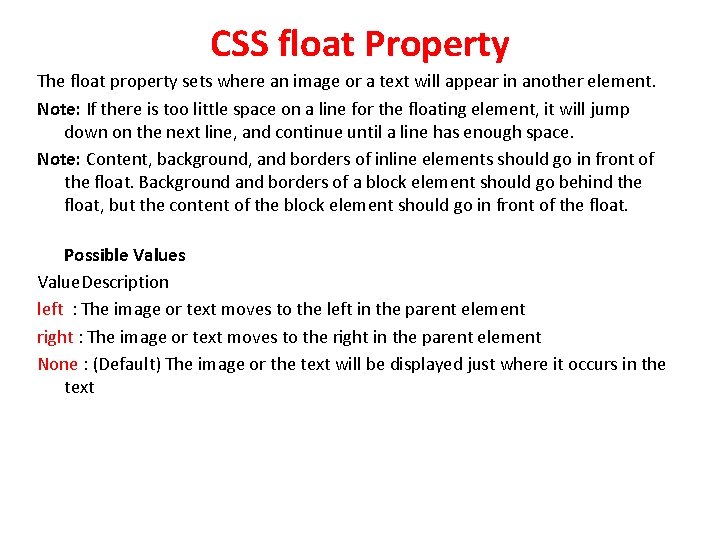 CSS float Property The float property sets where an image or a text will