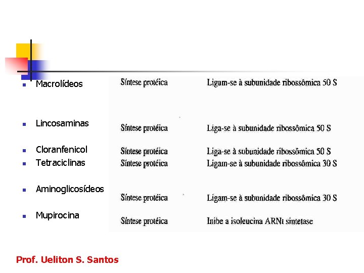 n Macrolídeos n Lincosaminas n Cloranfenicol Tetraciclinas n Aminoglicosídeos n Mupirocina n Prof. Ueliton