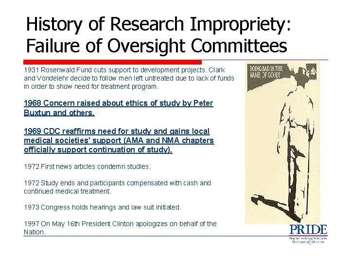 History of Research Impropriety: Failure of Oversight Committees 1931 Rosenwald Fund cuts support to