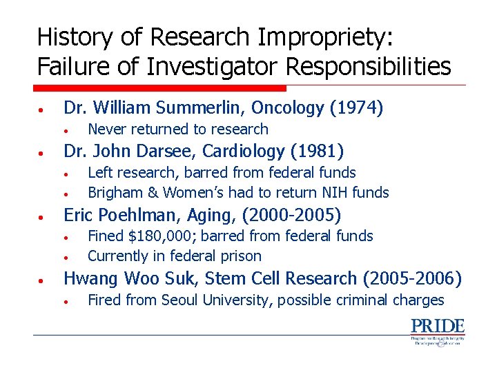 History of Research Impropriety: Failure of Investigator Responsibilities • Dr. William Summerlin, Oncology (1974)