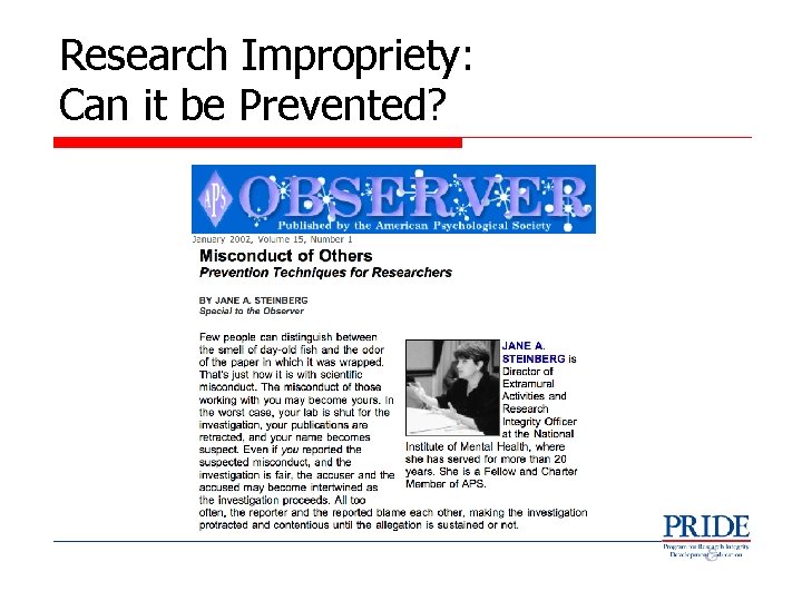 Research Impropriety: Can it be Prevented? 