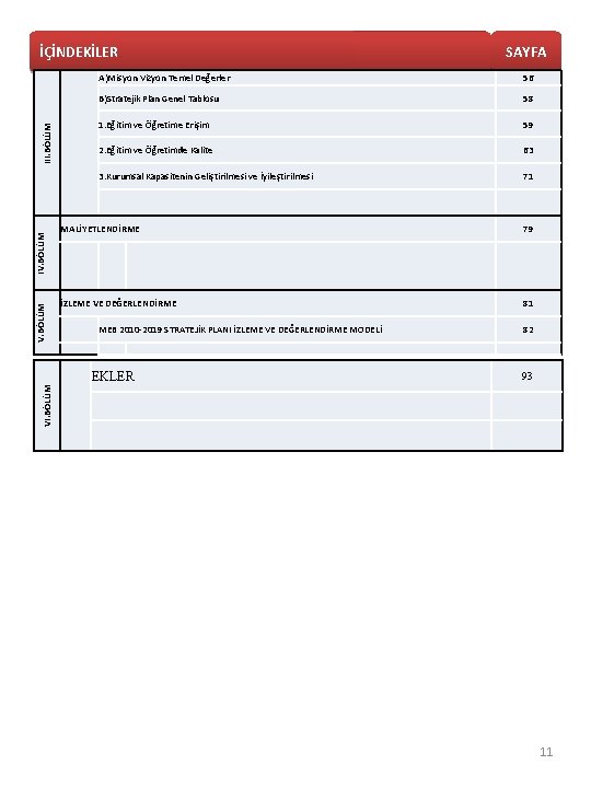 V. BÖLÜM III. BÖLÜM İÇİNDEKİLER A)Misyon Vizyon Temel Değerler 56 B)Stratejik Plan Genel Tablosu