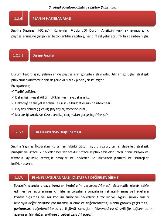 Stratejik Planlama Ekibi ve Eğitim Çalışmaları 1. 2. 6. PLANIN HAZIRLANMASI Sabiha Şaşmaz İlköğretim