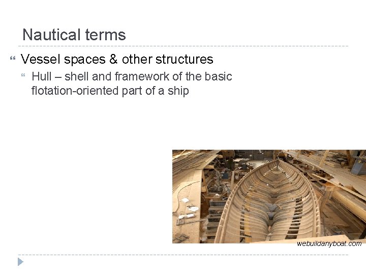 Nautical terms Vessel spaces & other structures Hull – shell and framework of the