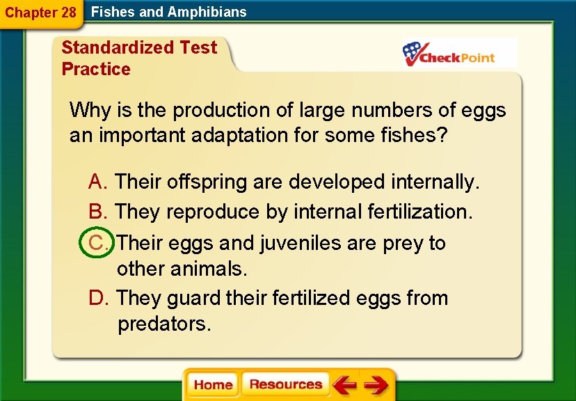 Chapter 28 Fishes and Amphibians Standardized Test Practice Why is the production of large