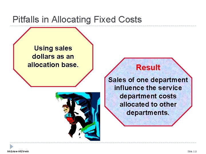 Pitfalls in Allocating Fixed Costs Using sales dollars as an allocation base. Result Sales