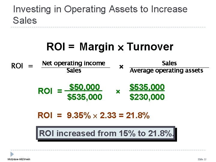 Investing in Operating Assets to Increase Sales ROI = Margin Turnover ROI = Net