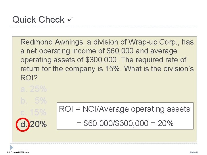 Quick Check Redmond Awnings, a division of Wrap-up Corp. , has a net operating