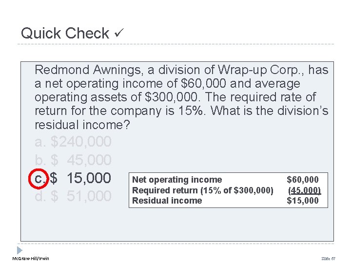 Quick Check Redmond Awnings, a division of Wrap-up Corp. , has a net operating