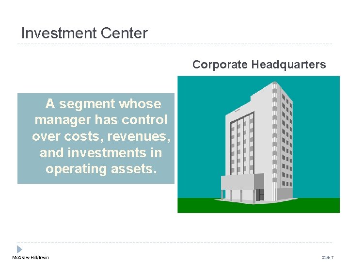 Investment Center Corporate Headquarters A segment whose manager has control over costs, revenues, and