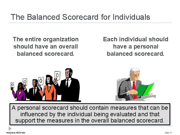 The Balanced Scorecard for Individuals The entire organization should have an overall balanced scorecard.