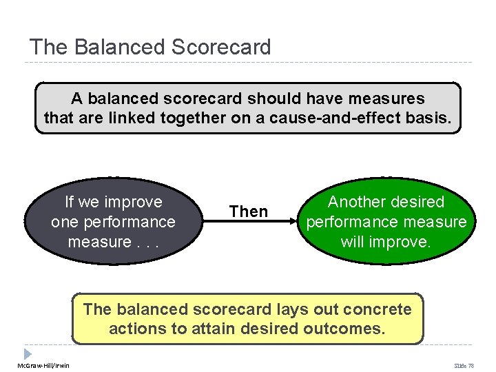 The Balanced Scorecard A balanced scorecard should have measures that are linked together on