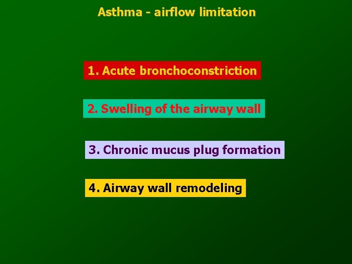 Asthma - airflow limitation 1. Acute bronchoconstriction 2. Swelling of the airway wall 3.