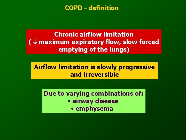 COPD - definition Chronic airflow limitation ( maximum expiratory flow, slow forced emptying of
