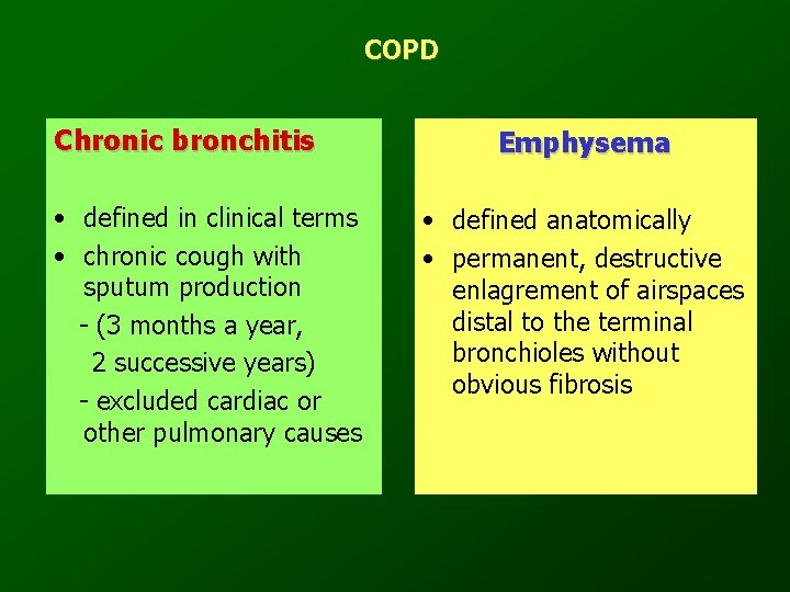 COPD Chronic bronchitis • defined in clinical terms • chronic cough with sputum production