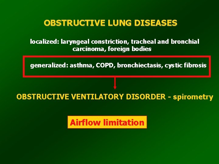 OBSTRUCTIVE LUNG DISEASES localized: laryngeal constriction, tracheal and bronchial carcinoma, foreign bodies generalized: asthma,