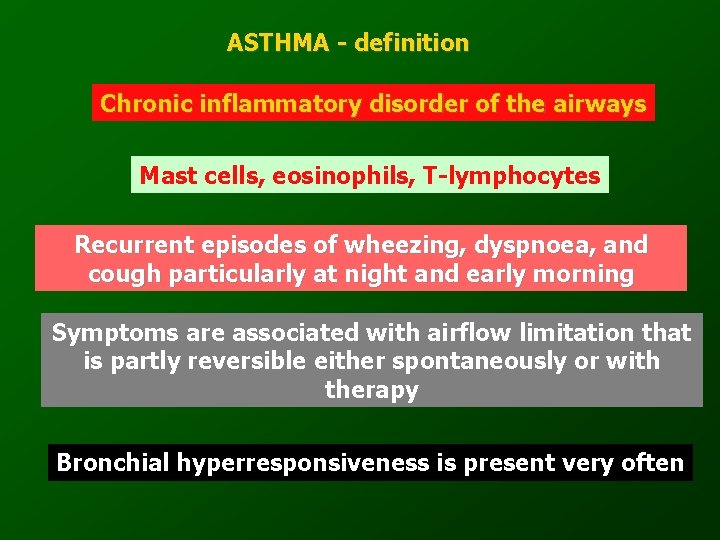 ASTHMA - definition Chronic inflammatory disorder of the airways Mast cells, eosinophils, T-lymphocytes Recurrent