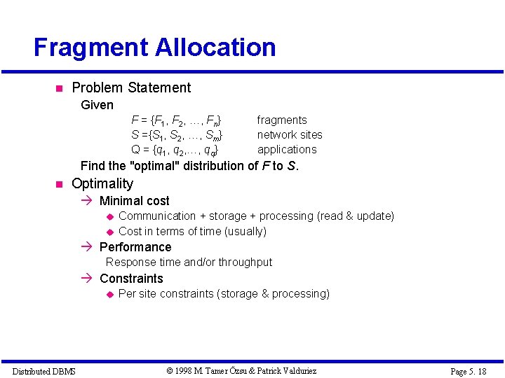 Fragment Allocation Problem Statement Given F = {F 1, F 2, …, Fn} S Fragment Allocation Problem Statement Given F = {F 1, F 2, …, Fn} S