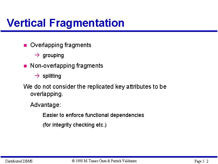 Vertical Fragmentation Overlapping fragments à grouping Non-overlapping fragments à splitting We do not consider Vertical Fragmentation Overlapping fragments à grouping Non-overlapping fragments à splitting We do not consider