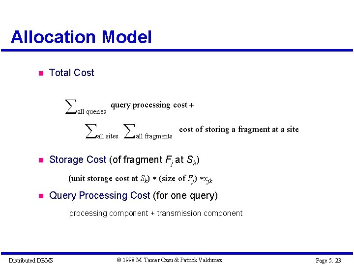Allocation Model Total Cost all queries query processing cost all sites all fragments cost Allocation Model Total Cost all queries query processing cost all sites all fragments cost