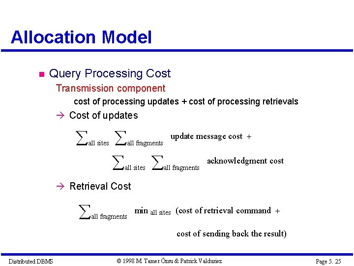 Allocation Model Query Processing Cost Transmission component cost of processing updates + cost of Allocation Model Query Processing Cost Transmission component cost of processing updates + cost of