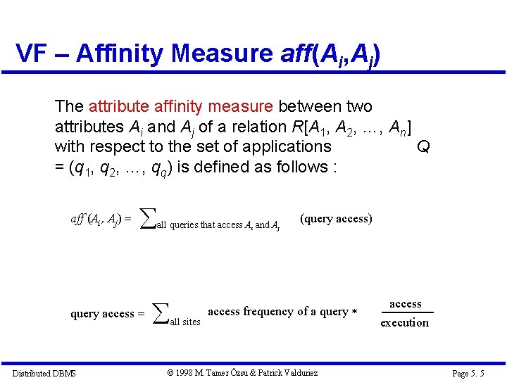 VF – Affinity Measure aff(Ai, Aj) The attribute affinity measure between two attributes Ai VF – Affinity Measure aff(Ai, Aj) The attribute affinity measure between two attributes Ai