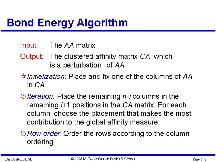 Bond Energy Algorithm Input: The AA matrix Output: The clustered affinity matrix CA which Bond Energy Algorithm Input: The AA matrix Output: The clustered affinity matrix CA which