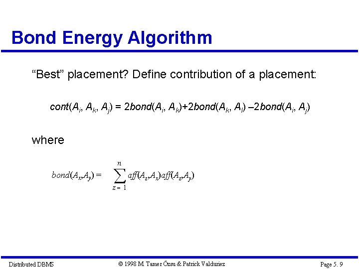 Bond Energy Algorithm “Best” placement? Define contribution of a placement: cont(Ai, Ak, Aj) = Bond Energy Algorithm “Best” placement? Define contribution of a placement: cont(Ai, Ak, Aj) =