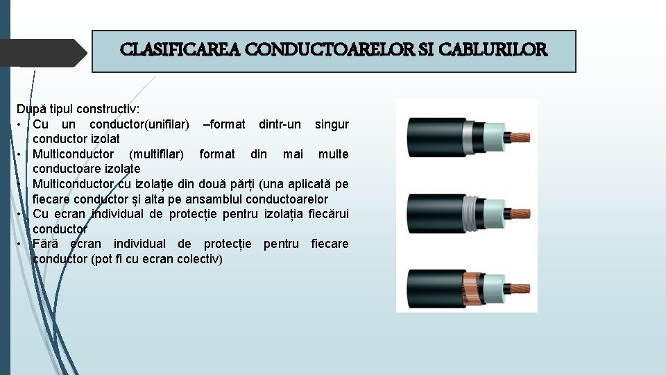 CLASIFICAREA CONDUCTOARELOR SI CABLURILOR După tipul constructiv: • Cu un conductor(unifilar) –format dintr-un singur