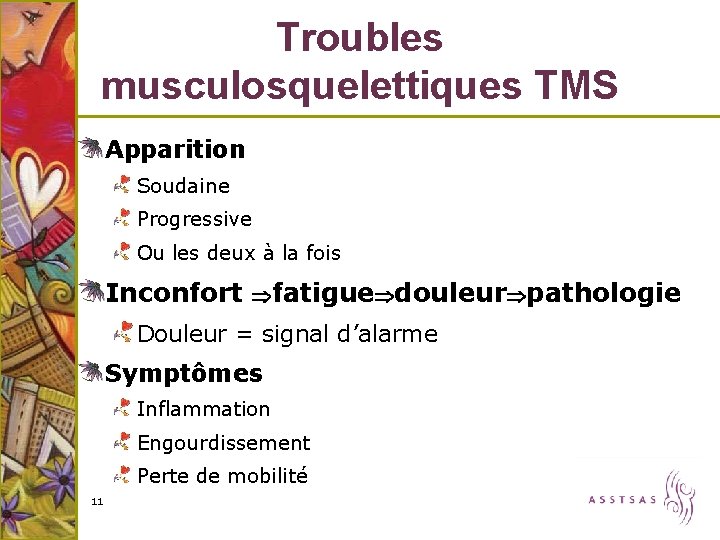 Troubles musculosquelettiques TMS Apparition Soudaine Progressive Ou les deux à la fois Inconfort fatigue