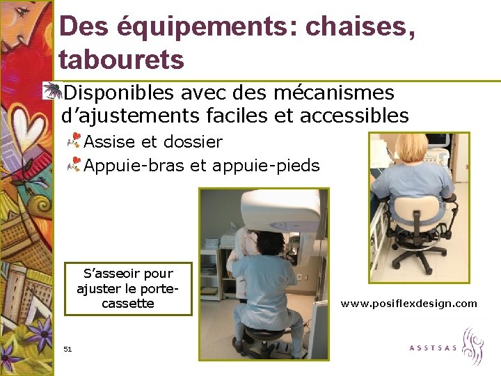 Des équipements: chaises, tabourets Disponibles avec des mécanismes d’ajustements faciles et accessibles Assise et