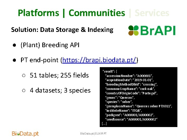 Platforms | Communities | Services Solution: Data Storage & Indexing ● (Plant) Breeding API