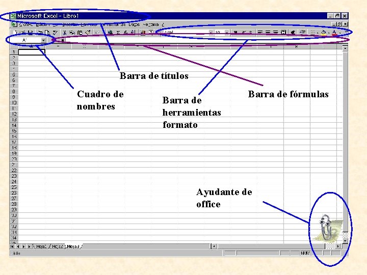 Barra de títulos Cuadro de nombres Barra de herramientas formato Barra de fórmulas Ayudante