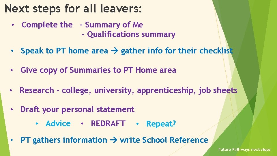 Next steps for all leavers: • Complete the - Summary of Me - Qualifications