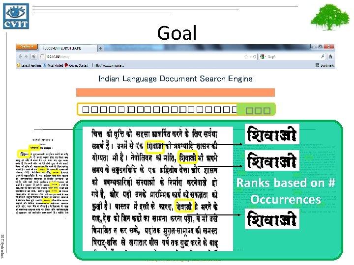 Goal Indian Language Document Search Engine ������� ��� Ranks based on # Occurrences Page