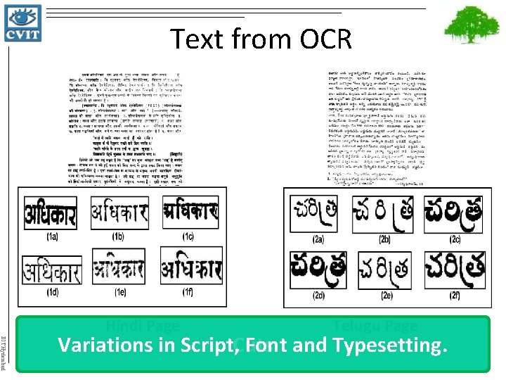 Text from OCR Hindi Page Telugu Page IIIT Hyderabad Variations in Script, Cuts Font