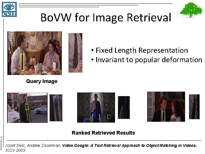 Bo. VW for Image Retrieval • Fixed Length Representation • Invariant to popular deformation