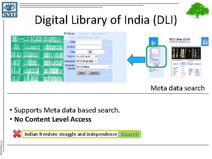 Digital Library of India (DLI) Meta data search • Supports Meta data based search.