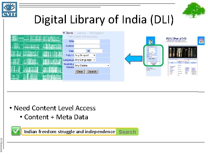 Digital Library of India (DLI) • Need Content Level Access • Content + Meta