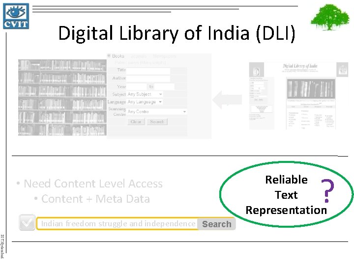 Digital Library of India (DLI) • Need Content Level Access • Content + Meta