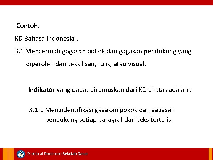  Contoh: KD Bahasa Indonesia : 3. 1 Mencermati gagasan pokok dan gagasan pendukung