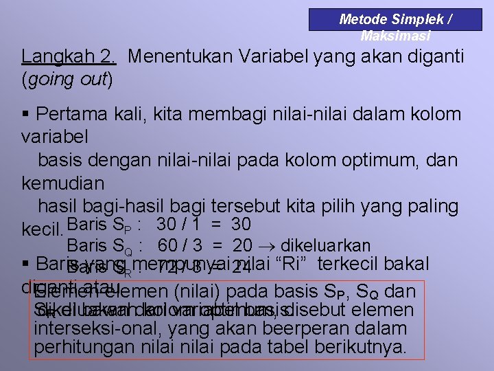 Metode Simplek / Maksimasi Langkah 2. Menentukan Variabel yang akan diganti (going out) §