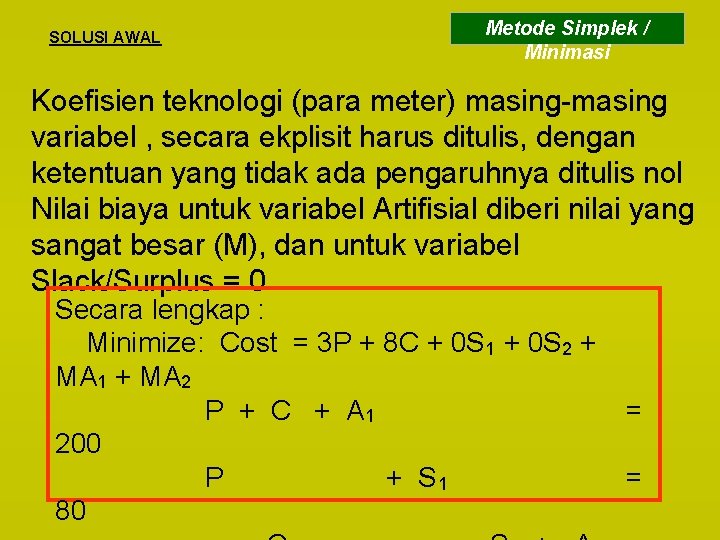 SOLUSI AWAL Metode Simplek / Minimasi Koefisien teknologi (para meter) masing-masing variabel , secara